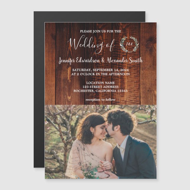 Rustic country barn wood monogrammed photo Wedding Magnetic Invitation (Front/Back)
