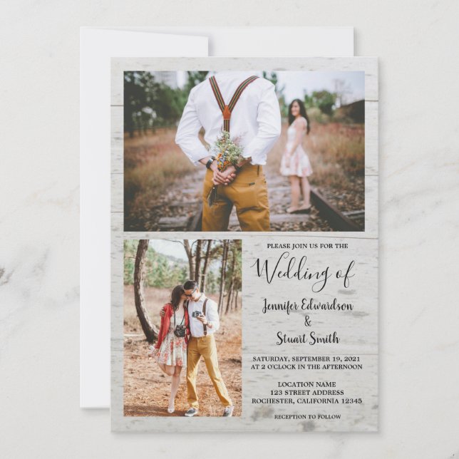 Rustic country barn wood photo collage wedding invitation (Front)