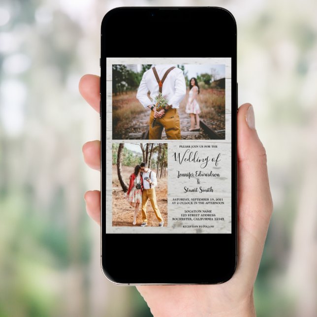 Rustic country barn wood photo collage wedding invitation (Front Digital)