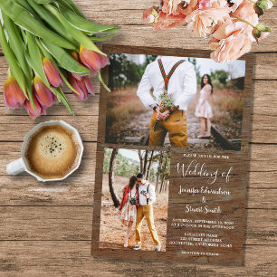 Rustic country barn wood photo collage wedding invitation