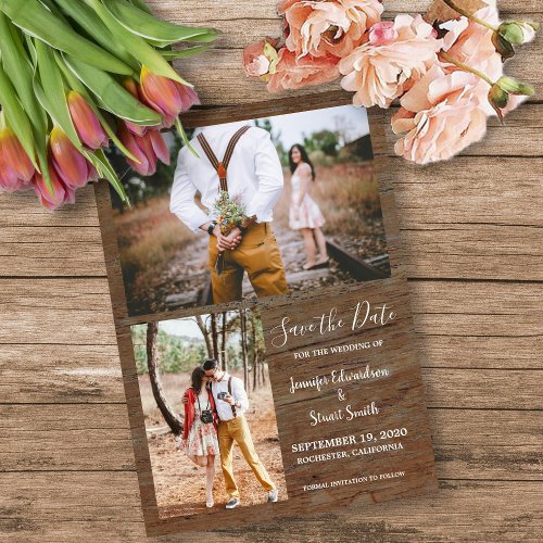 Rustic country barn wood photo collage wedding invitation