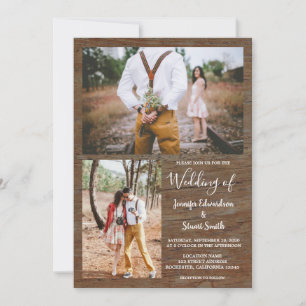 Rustic country barn wood photo collage wedding invitation