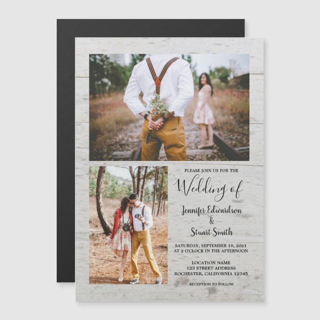 Rustic country barn wood photo collage wedding magnetic invitation (Front/Back)