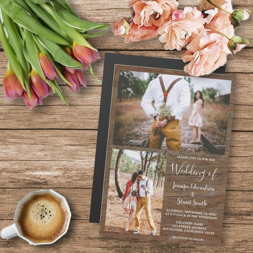 Rustic country barn wood photo collage wedding magnetic invitation