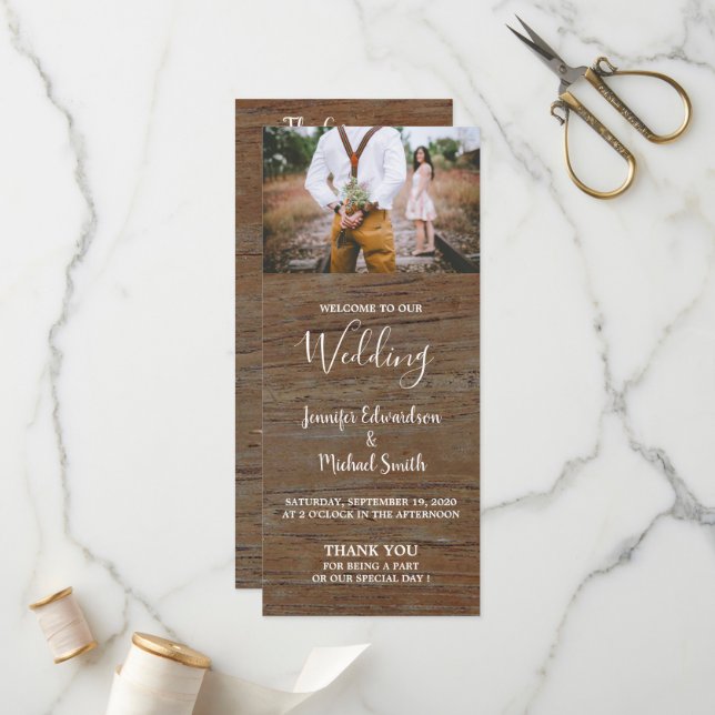 Rustic country barn wood photo wedding program (Front/Back In Situ)