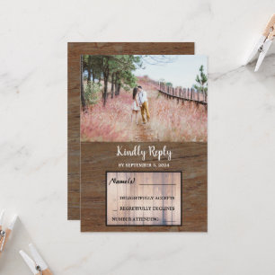Rustic country barn wood photo wedding RSVP Invitation