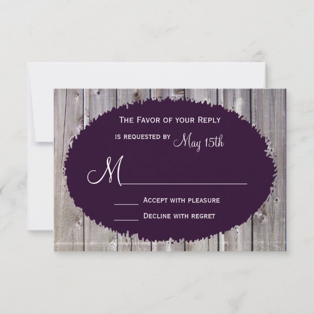 Rustic Country Barn Wood Purple Wedding RSVP (Front)