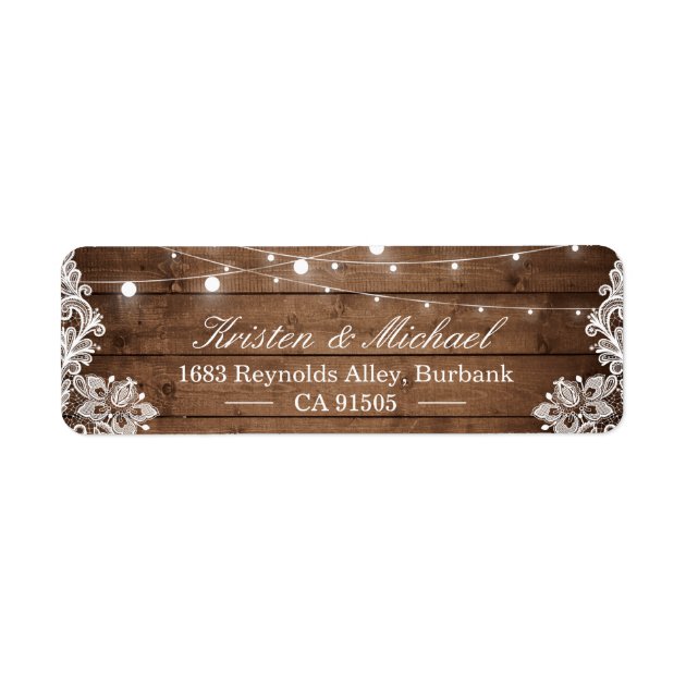 Rustic Country Barn Wood String Lights Lace Label