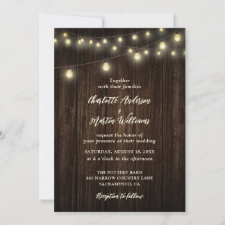 Rustic Country Barn Wood String Lights Wedding Invitation