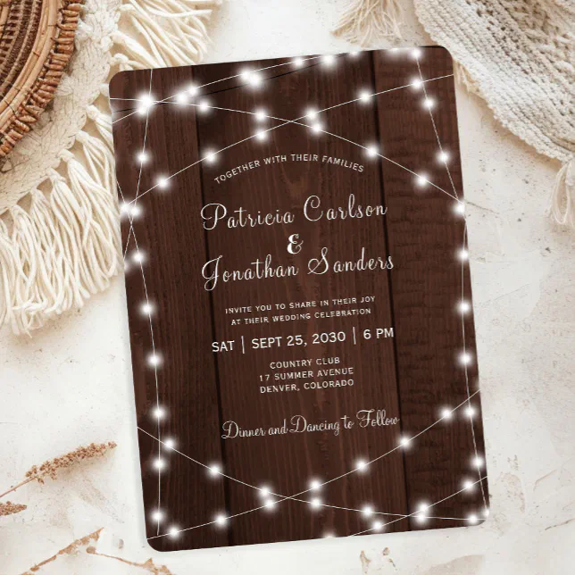 Rustic country barn wood string lights wedding invitation | Zazzle