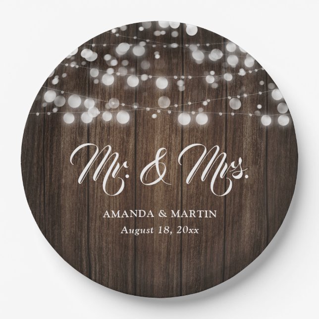 Rustic Country Barn Wood String Lights Wedding Paper Plates (Front)