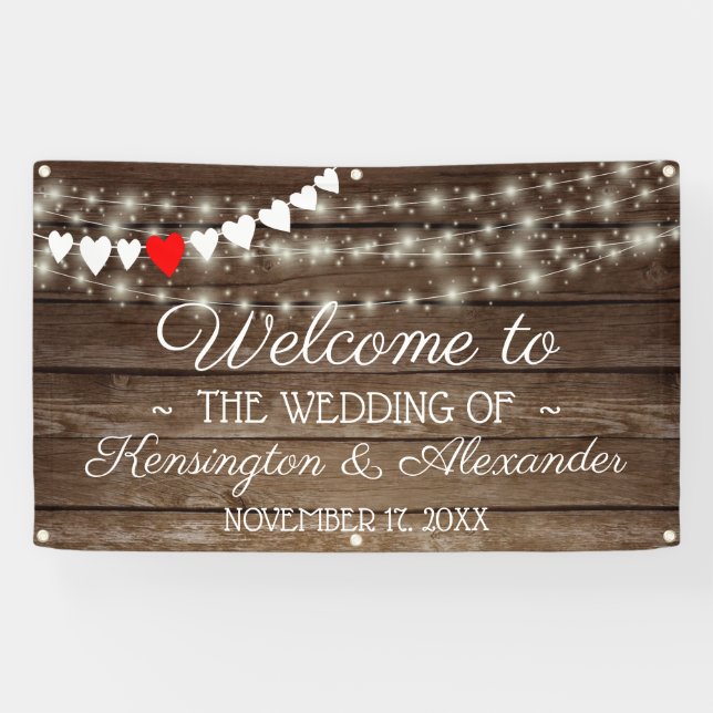 Rustic Country Barn Wood String Of Lights Wedding Banner (Horizontal)