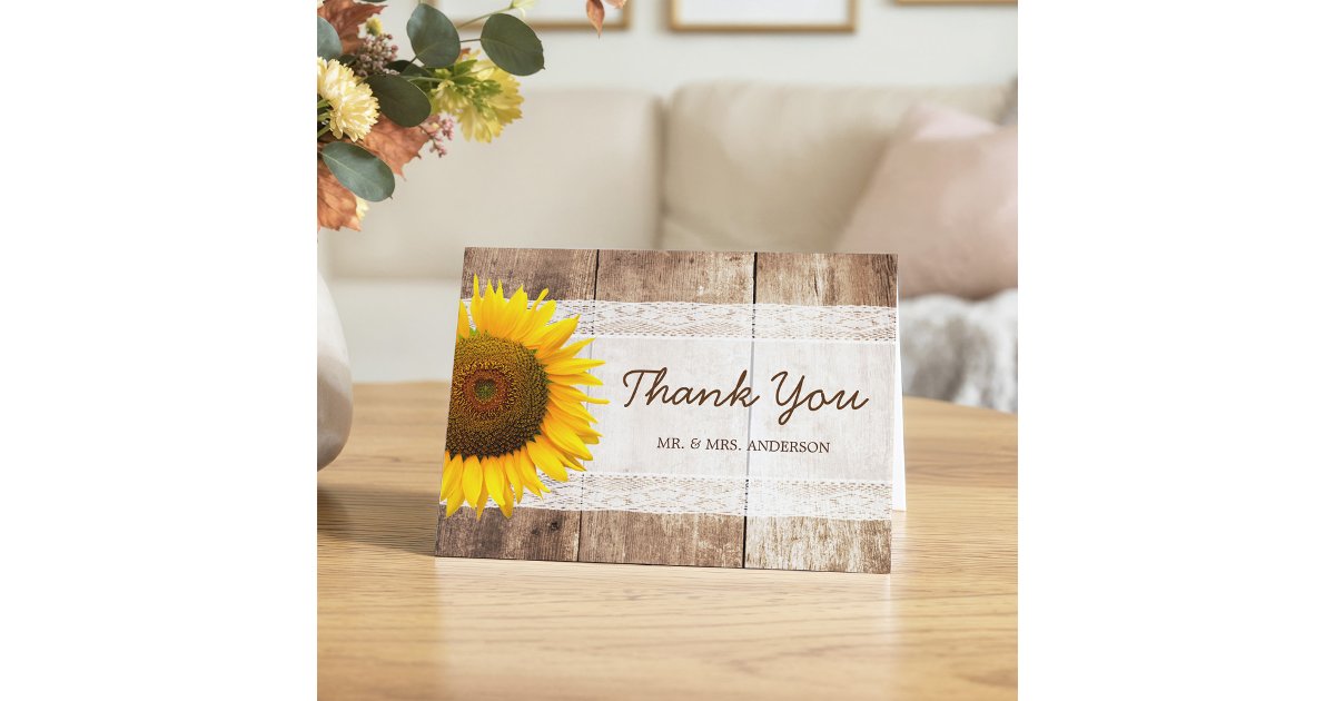 Rustic Country Barn Wood Sunflower Lace Thank You Card | Zazzle