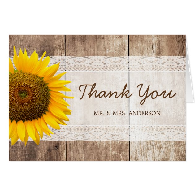 Rustic Country Barn Wood Sunflower Lace Thank You Card
