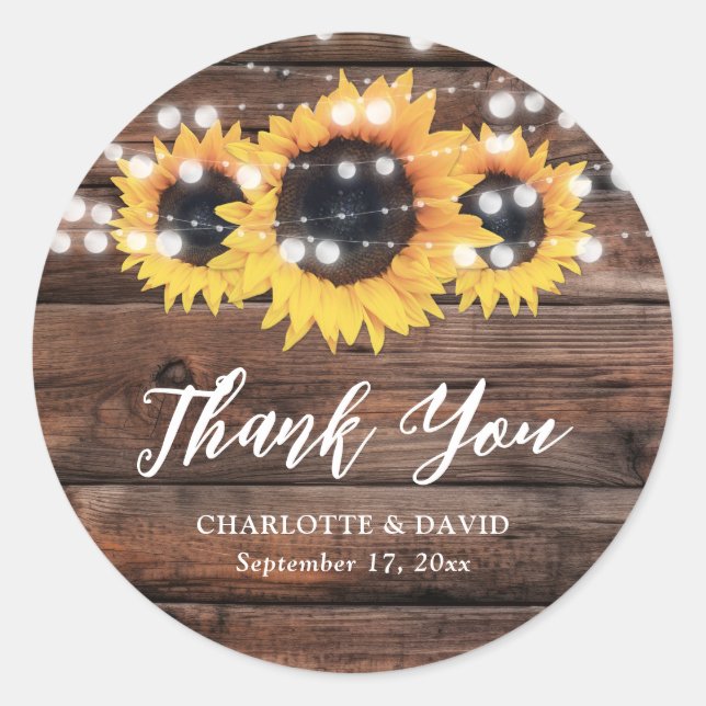 Rustic Country Barn Wood Sunflower Wedding Classic Round Sticker (Front)
