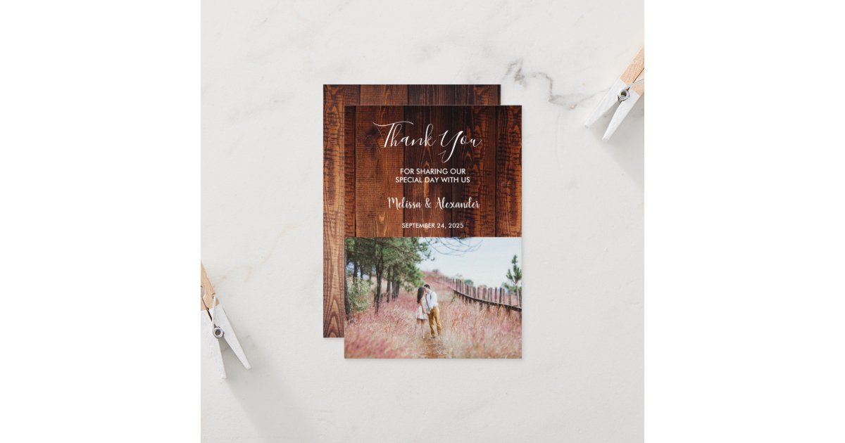 Rustic country barn wood Thank You photo wedding Invitation | Zazzle