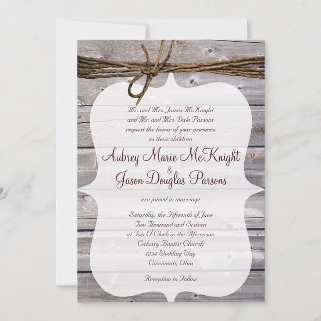 Rustic Country Barn Wood Twine Wedding Invitations (Front)