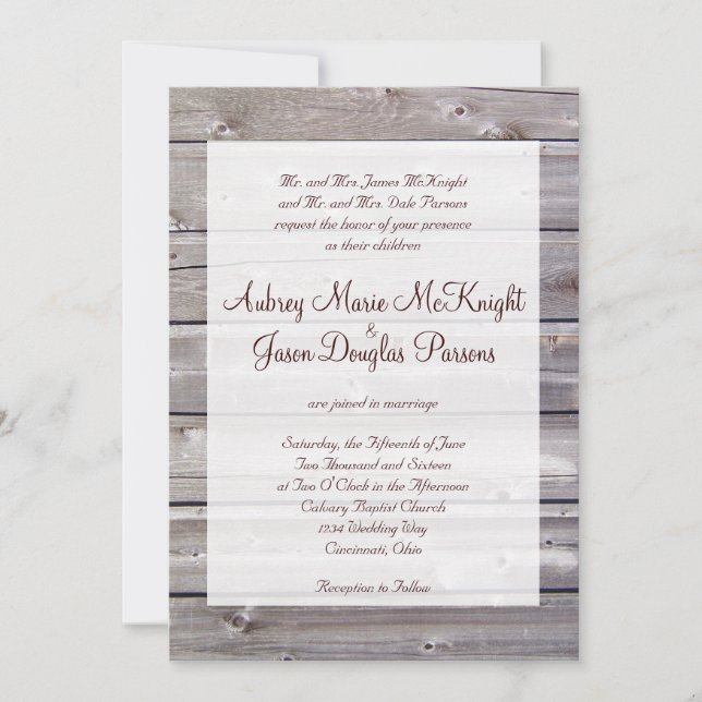 Rustic Country Barn Wood Wedding Invitations (Front)