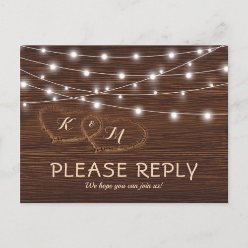 Rustic Country Barn Wood Wedding RSVP Invitation Postcard - Country barn wedding response postcard featuring a rustic wooden background, two carved hearts, your initials, and a modern rsvp template. Click on the “Customize it” button for further personalization of this template. You will be able to modify all text, including the style, colors, and sizes. You will find matching items further down the page, if however you can't find what you looking for please contact me.