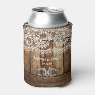Rustic Country Barnwood Lace Wedding Can Cooler