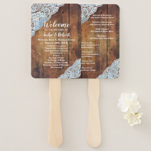 rustic country barnwood lace wedding programs hand fan