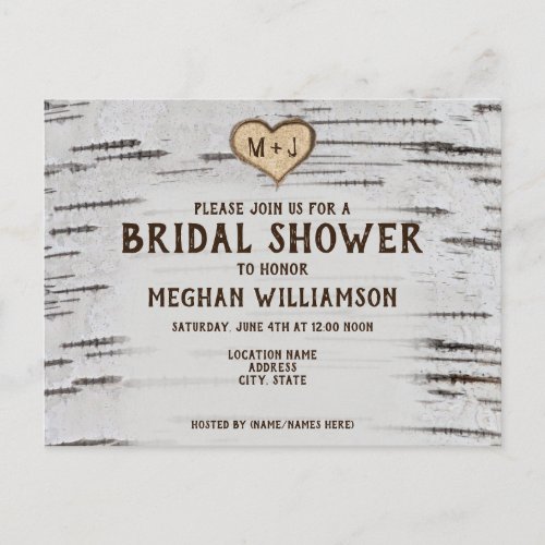 Rustic Country Birch Heart initial bridal shower Postcard