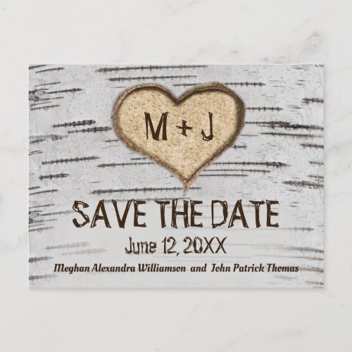 Rustic Country Birch Heart initials Save The Date Postcard