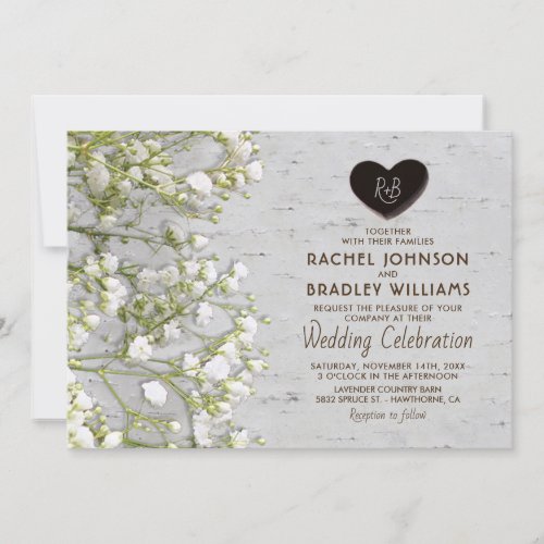 Rustic Country Birch Tree Babys Breath Wedding Invitation