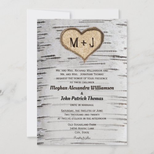 Rustic Country Birch Tree Initials Heart Wedding Invitation