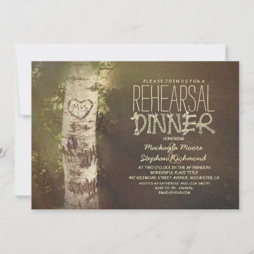 Rustic country birch tree rehearsal dinner invitation