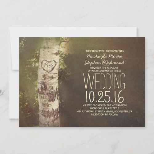 Rustic country birch tree wedding invitations