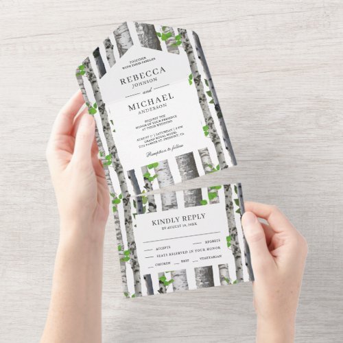 Rustic Country Birch Trees Wedding All In One Invitation