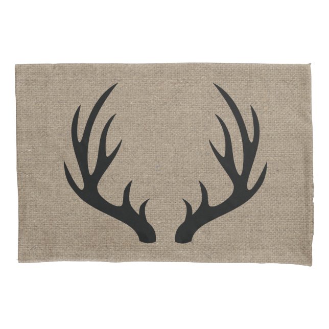 Rustic Country Black Deer Antlers Faux Burlap Pillow Case (Front)