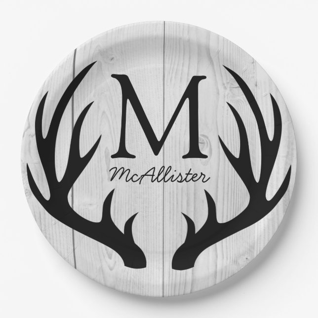 Rustic Country Black Deer Antlers White Barn Wood Paper Plates (Front)