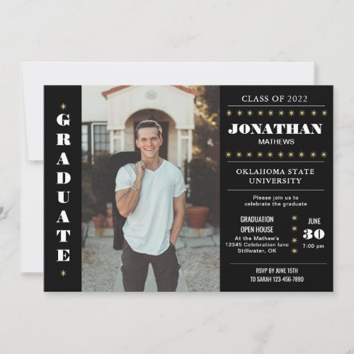 Rustic Country Black Gold Photo Graduation Invitation