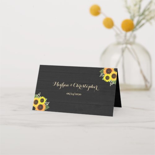 Rustic Country Black Wood Sunflower Floral Wedding Place Card
