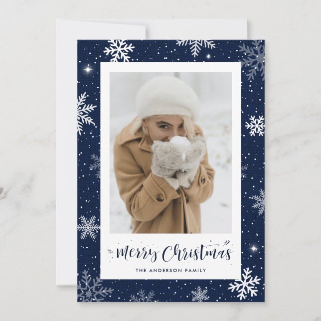 Rustic Country Blue Burlap Photo Christmas Cards (Front)