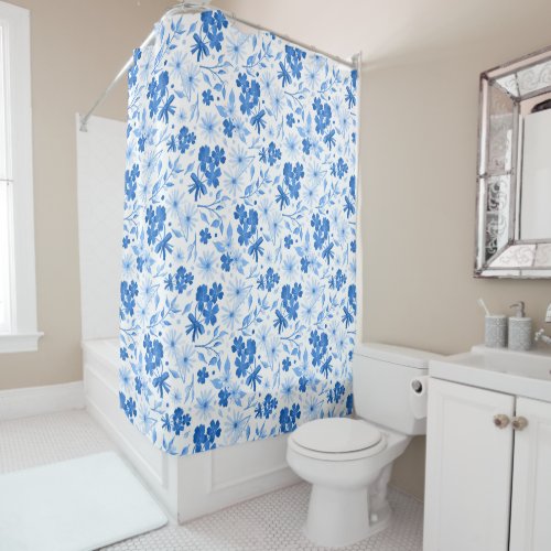 Rustic Country Blue Floral Botanical Shower Curtain