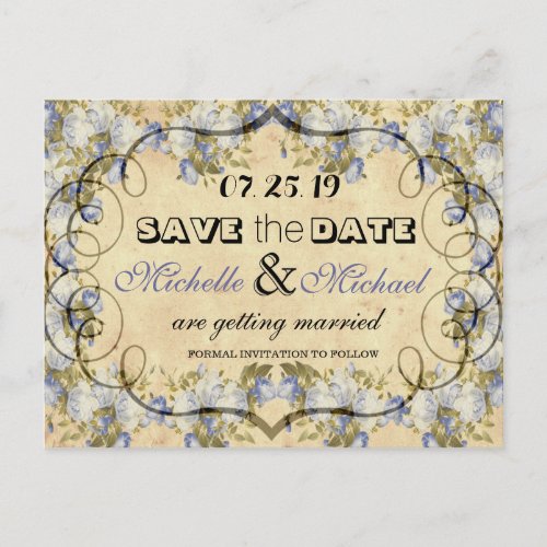 Rustic Country Blue Floral Wedding Save The Date Announcement Postcard