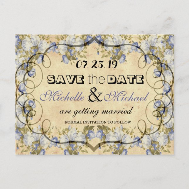 Rustic Country Blue Floral Wedding Save The Date Announcement Postcard (Front)