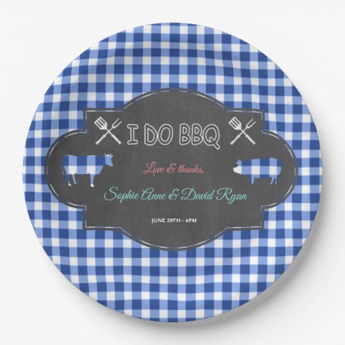 Rustic Country Blue Gingham Chalk I DO BBQ Paper Plates