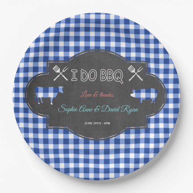 Rustic Country Blue Gingham Chalk I DO BBQ Paper Plates (Front)