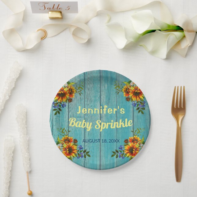 Rustic Country Blue Sunflower Baby Sprinkle Party Paper Plates (Wedding)