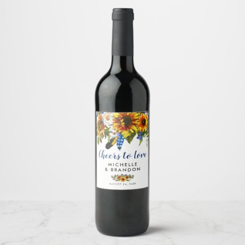 Rustic Country Blue Sunflower Cheers to Love Wine Label