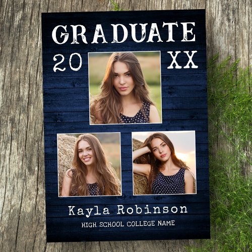 Rustic Country Blue Wood Plank 3 Photo Graduation Announcement