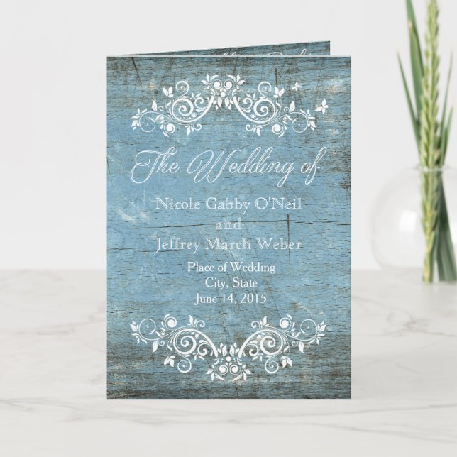 Rustic Country Blue Wood Wedding Program (Front)