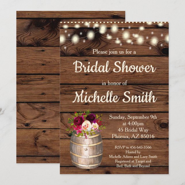 Rustic Country Boho Burgundy Barrel Bridal Shower Invitation (Front/Back)