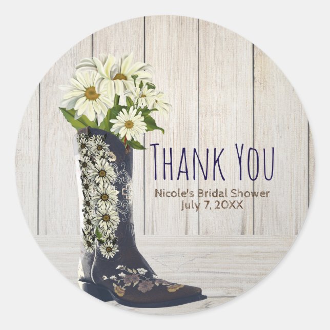 Rustic Country Boot with Daisies Bridal Shower Classic Round Sticker (Front)