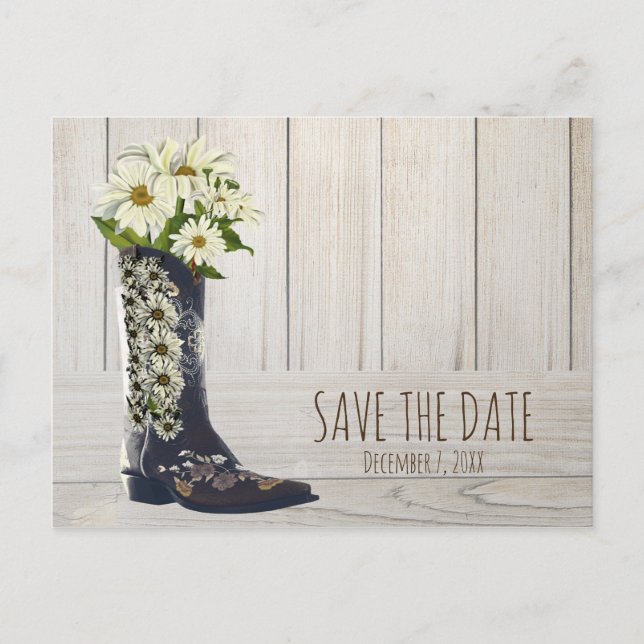 Rustic Country Boot with Daisies Save The Date Announcement Postcard (Front)
