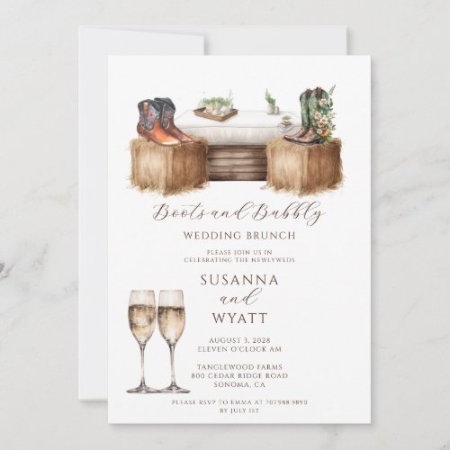 Rustic Country Boots And Bubbly Wedding Brunch Invitation